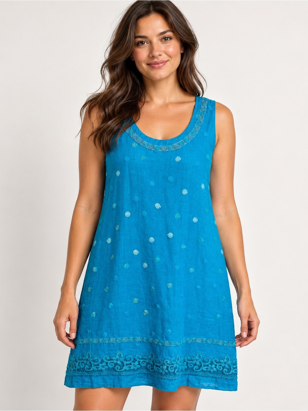 Macrame Positano Italy 100% Linen Turquoise Embroidered Dress Size M